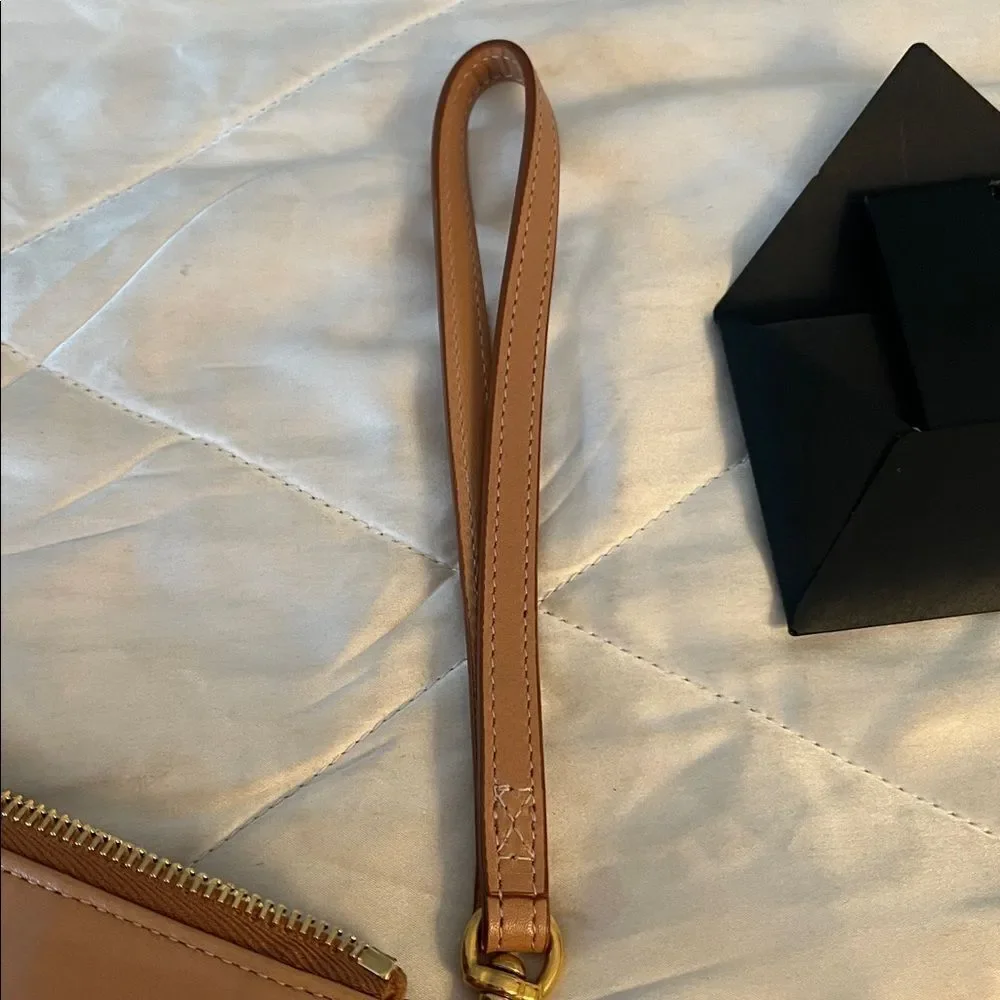 YSL Saint Laurent Rive Gauche Leather Wristlet Pouch - Camel